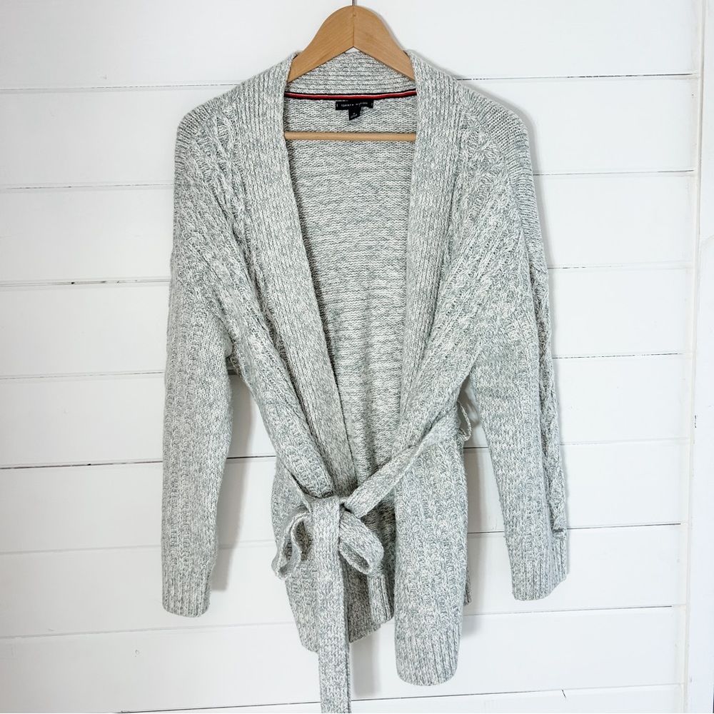 Tommy Hilfiger Gray Cable Knit Wrap Cardigan Sweater with Belt